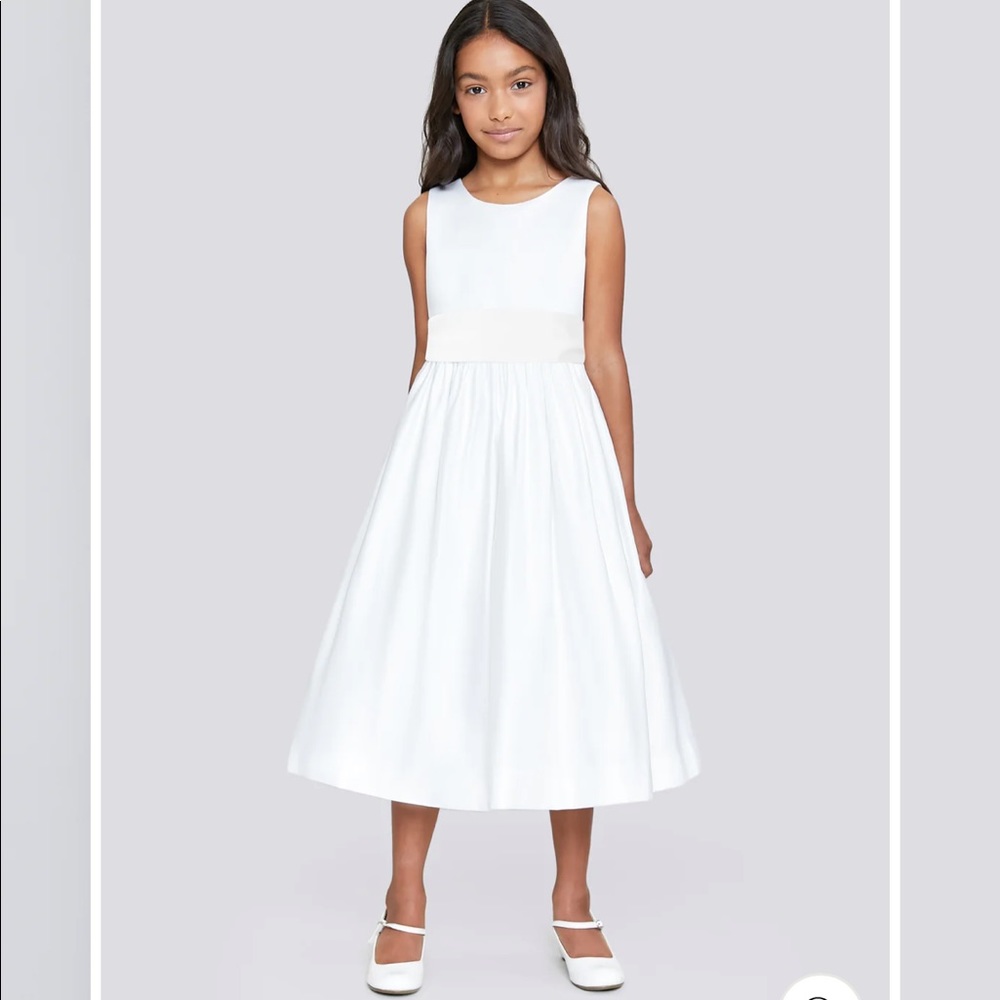 US Angels tea length white satin flower girl dress w/ white satin sash
